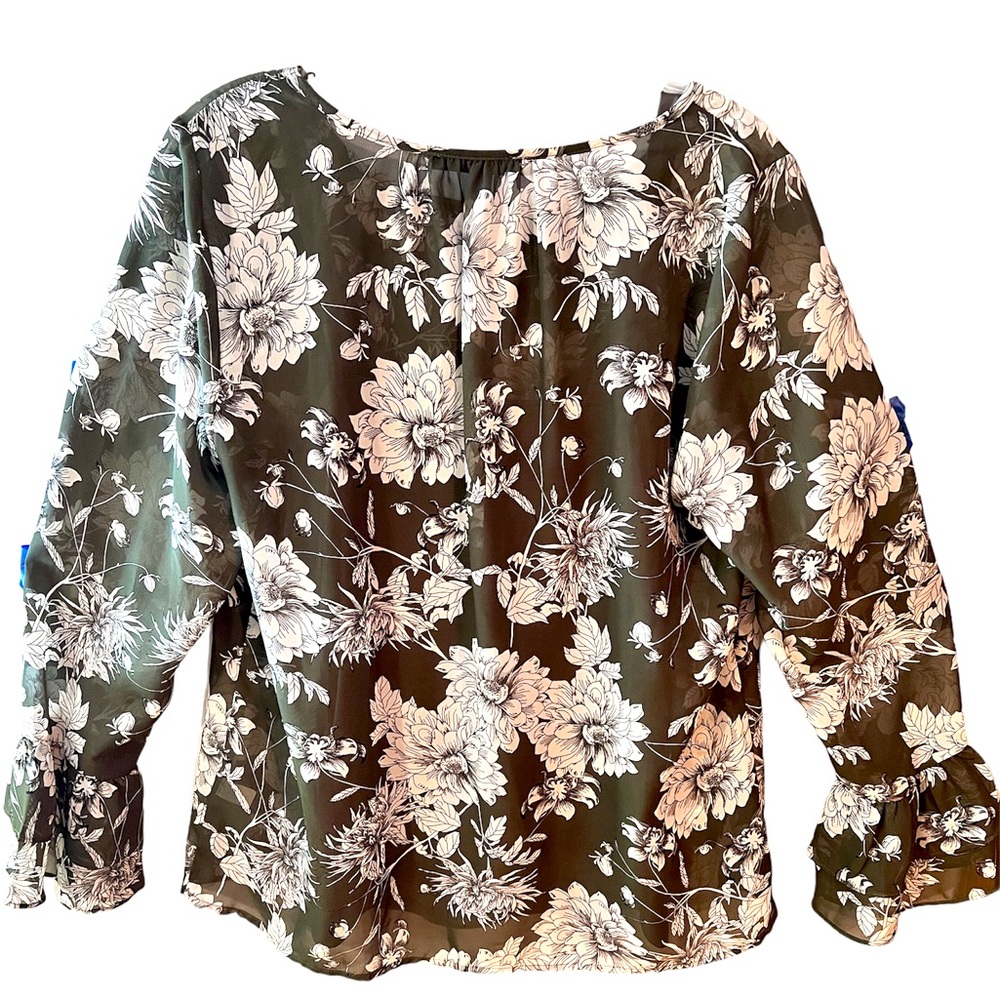 Apt. 9 Olive Green and Cream Floral Sheer Blouse and Olive Tank.  Size = Large.
